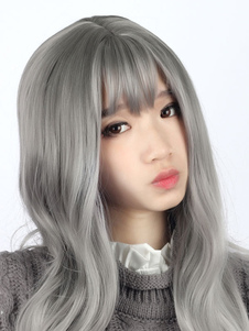Perruques de Sweet Lolita gris émoussé Bang ondulés perruques longues