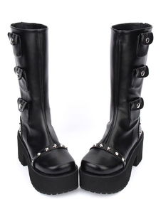 Lolita noir bottes talon Chunky mi veau Platform Gothic Lolita bottes avec poches embellis