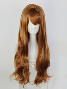 Perruques de Lolita Long bouclés brun avec côté balayé Bangs