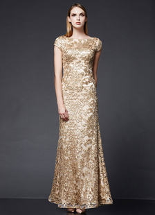 Paillettes robe de soirée sirène or formelle robe brodée manches courtes réception Maxi Dress