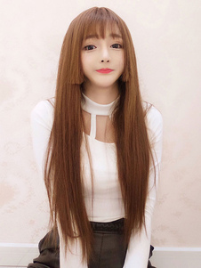 Sweet Lolita perruques longues droite brun Blunt Bangs perruques synthétiques de cheveux des femmes