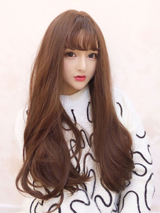 Sweet Lolita perruques Hime coupe longue droite brun Centre séparation brutale frappe perruques synt