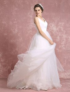 Robe de mariée organza de ligne avec train de col dos nu V