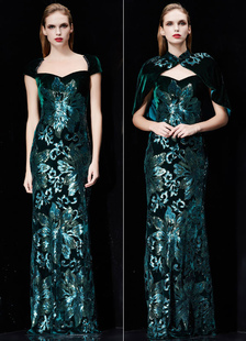 Paillettes robe de soirée velours sirène Backless robe formelle Hunter vert brodé reine Anne manche