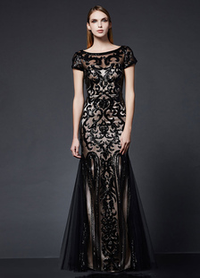 Paillettes robe de soirée sirène noire robe de cérémonie manches courtes brodé robe Maxi Bateau