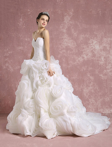 Robe de mariée princesse ivoire dos nu fleur organza applique sans bretelles robe nuptiale train