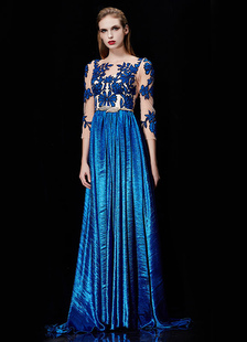 Robe de soirée satin bleu Royal formelle robe brodé fleur Sash trois-quarts manches robe avec traine