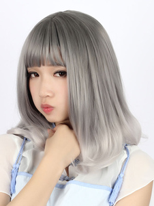Sweet Lolita perruques frange émoussée gris boucles aux extrémités perruques courtes