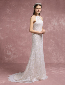 Robe de mariée sirène en dentelle ivoire halter avec traîne