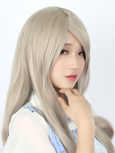 Sweet Lolita perruques léger côté gris Bang ondulés perruques longues