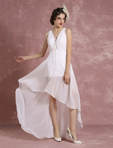 Robe de mariée vintage ivoire haut bas mousseline de soie A ligne V cou lacez vers le haut