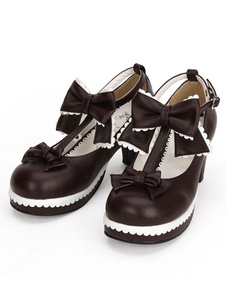 Chaussures Lolita brune ronde Toe T bracelet Lolita mignon chaussures Wit Bow