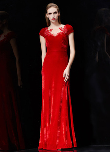 Robe de soirée rouge Velevt formelle robe brodé perles manches courtes Maxi robe avec châle