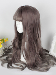 Sweet Lolita perruques coupe Hime bouclés Long Flaxen Centre Parting perruques de cheveux synthétiqu