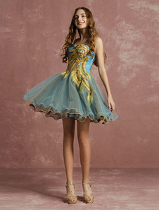 Appliques de dentelle Tulle robe de Cocktail perlée Prom robe Sweetheart bretelles sans manches une 