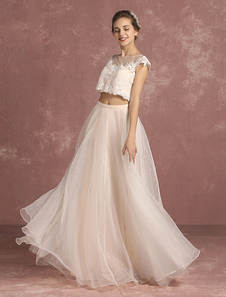 Robe de mariée en dentelle 2 pièces une ligne crop top organza illusion étage sans manches longueur 