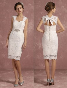 Robe de mariée en dentelle douce gaine Bridal Gown Reine Anne cou court sans manches Bow perlé Keyho