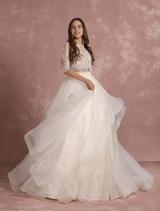 Robe de mariée en dentelle 2 pièces Organza dos nu demi manches A ligne à paliers avec tribunal trai