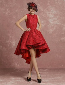 Dentelle robe de Cocktail Bourgogne plissé une ligne robe de bal autour de cou sans manches robe asy