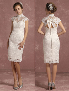 Robe de mariée en dentelle courte nuptiale illusion gaine sans manches Bow Keyhole genou longueur