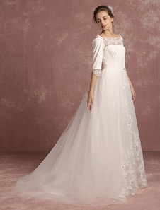 Robe de mariée bateau de tulle en dentelle perlée illusion épaule froide A ligne demi manches dos co