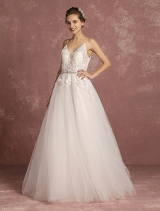 Robe de mariée en dentelle V col tulle fleurs appliques A ligne perlée sash Spaghetti bretelles étag