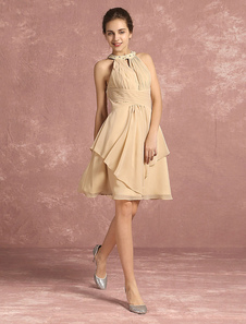 Mousseline de soie robe de Cocktail A ligne courte robe Halter plissée du genou sans manches longueu