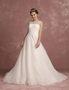 Robe de mariée tulle illusion cou A ligne sans manches applique bouton retour perles avec traîne cha