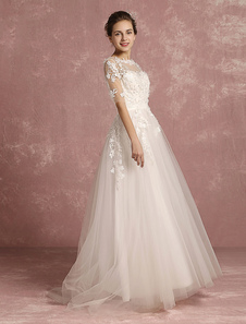 Robe de mariée Plage ivoire applique fleur perlé tulle Illusion tour cou demi manche A ligne