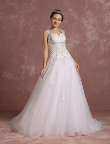 Robes de mariée Reine Anne encolure princesse paillettes perles appliques V tulle retour sans manche