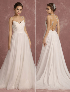 Robe de mariée ivoire Spaghetti Strap douce sans manches A ligne Criss Cross dos nu avec traîne