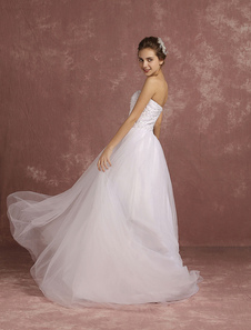 Robe de mariée blanche tulle en dentelle appliques perles douce bretelles sans manches une ligne tri