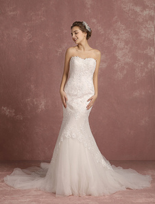 Robe de mariée sirène ivoire en dentelle appliques douce bretelles chapelle train sans manches