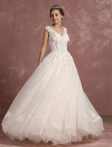 Robe de mariée princesse en dentelle V cou désossé dos nu fleurs 3D sans manches étage longueur