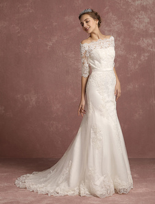 Robe de mariée sirène en dentelle demi manche robe nuptiale bateau perles ivoire avec chapelle train