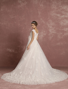 Robe de mariée en dentelle douce courte manches flower sash princesse de bal avec traîne cathédrale