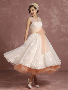 Robe de mariée Vintage en dentelle V cou sans manches A ligne hiérarchisé ruban Bow Sash thé longueu