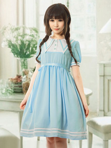 Sweet Lolita Robe OP Light Blue Lolita Robe marin robe en mousseline de soie plissée