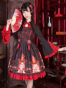 QI Lolita Robe coton OP Black Lolita Robe évasé manches volants genou longueur robe Lolita
