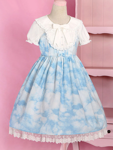 Sweet Lolita Robe JSK nuage imprimée Lolita bleu pull robe arc de ruban plissé jupe Jumer s Lolita