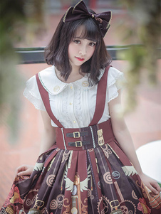 Sweet Lolita Robe Lolita brune JSK robe taille haute imprimé plissé Jumper Skirt