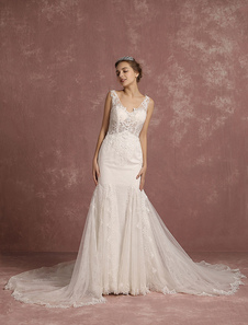 Robe de mariée sirène illusion en dentelle appliques ivoire V cou sans manches chapelle train