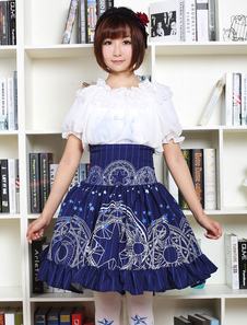 Sweet Lolita Robe SK bleu Lolita Robe taille haute tableau magique volant imprimé ourlet plissé jupe