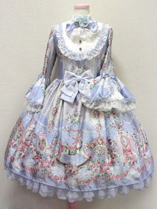 Sweet Lolita Robe Rose fleurs cheval imprimé bleu Lolita Robe Ruffle Long Sleeve Hime Lolita One Pie