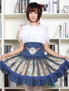 Sweet Lolita Robe SK bleu Lolita Robe taille haute imprimé volant plissé Hem Lolita jupe