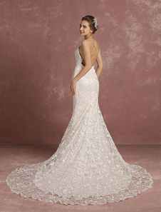 Robe de mariée en dentelle ivoire traîne cathédrale sirène Spaghetti bretelles dos nu col V