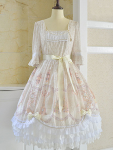 Sweet Lolita Robe OP Light Pink Lolita Robe Square Neck Half Sleeve volants Bow Lolita Robe