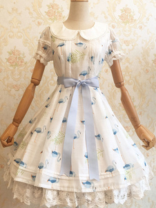 Sweet Lolita Robe OP blanc Kawaii Lolita Robe dentelle Butterfly Trim manches courtes impression Lol