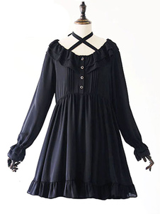 Gothic Lolita Robe OP Long Sleeve Noir Lolita Robe Criss Cross taille haute en mousseline de soie Lo