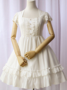 Hiérarchisé de Sweet Lolita Robe OP mousseline de soie manches courtes blanc Lolita robe robe bustie